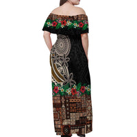 Samoa Siapo Polynesian Art Off Shoulder Maxi Dress Tropical Flowers and Tatau Pattern Brown LT03 - Polynesian Pride