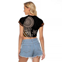 Samoa Siapo Polynesian Art Raglan Cropped T Shirt Tropical Flowers and Tatau Pattern Brown LT03 - Polynesian Pride