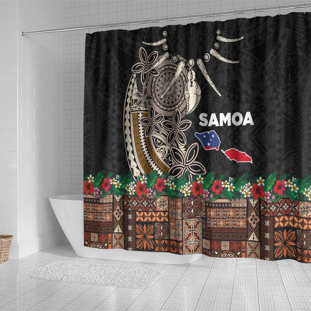 Samoa Siapo Polynesian Art Shower Curtain Tropical Flowers and Tatau Pattern Brown LT03 - Polynesian Pride