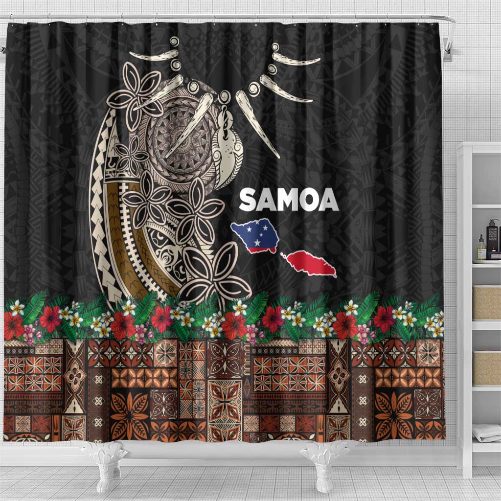 Samoa Siapo Polynesian Art Shower Curtain Tropical Flowers and Tatau Pattern Brown LT03 - Polynesian Pride