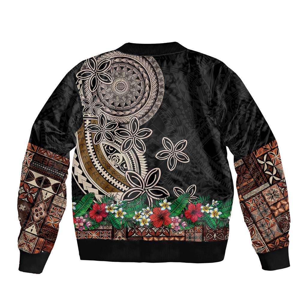 Samoa Siapo Polynesian Art Sleeve Zip Bomber Jacket Tropical Flowers and Tatau Pattern Brown LT03 - Polynesian Pride
