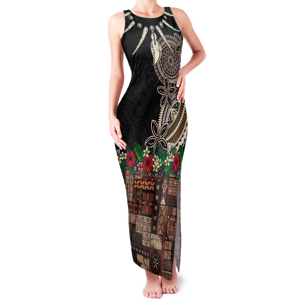 Samoa Siapo Polynesian Art Tank Maxi Dress Tropical Flowers and Tatau Pattern Brown LT03 Women Brown - Polynesian Pride