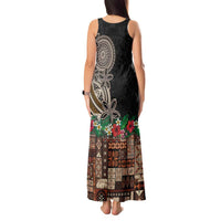 Samoa Siapo Polynesian Art Tank Maxi Dress Tropical Flowers and Tatau Pattern Brown LT03 - Polynesian Pride