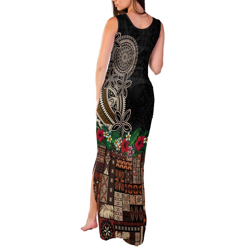 Samoa Siapo Polynesian Art Tank Maxi Dress Tropical Flowers and Tatau Pattern Brown LT03 - Polynesian Pride