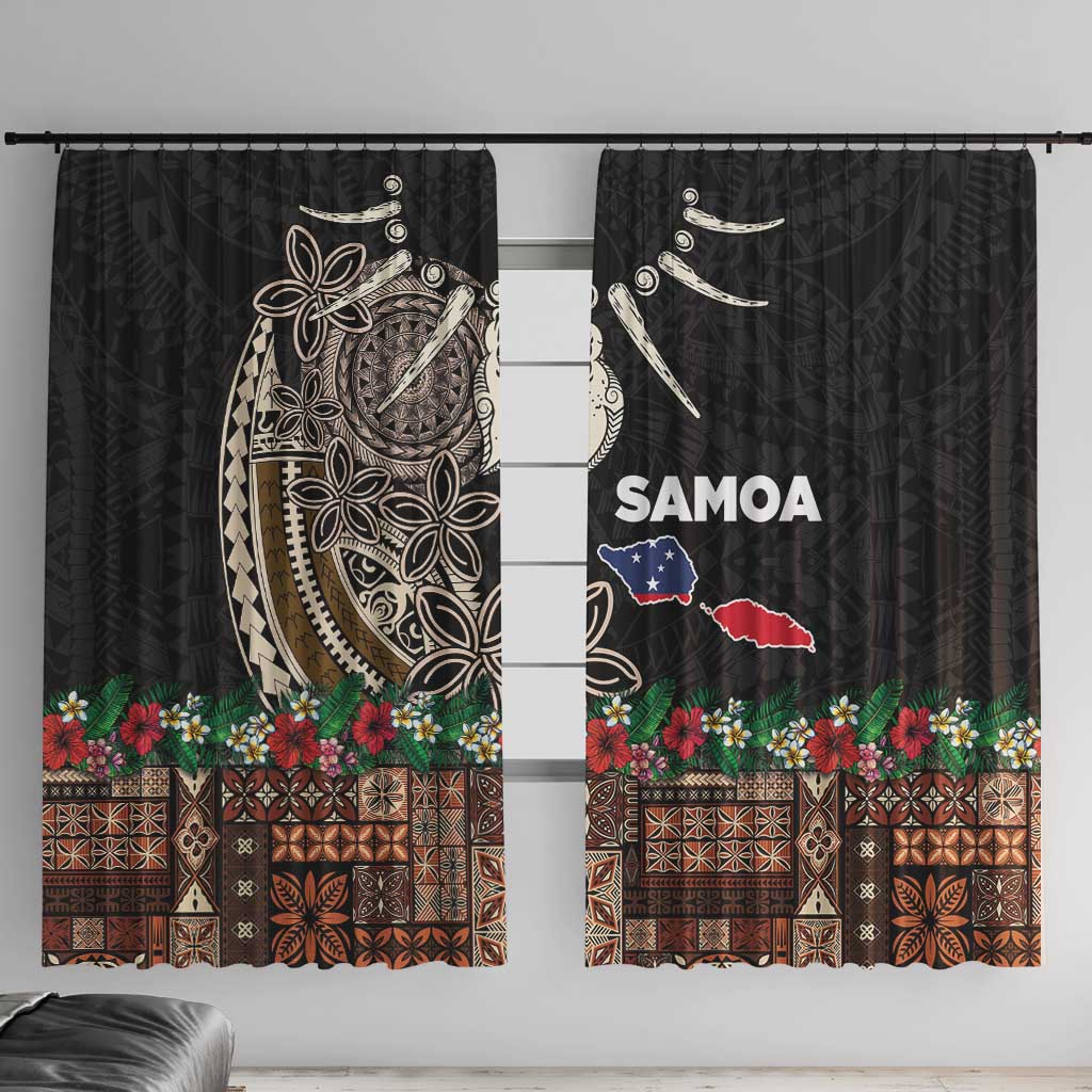 Samoa Siapo Polynesian Art Window Curtain Tropical Flowers and Tatau Pattern Brown LT03 With Hooks Brown - Polynesian Pride