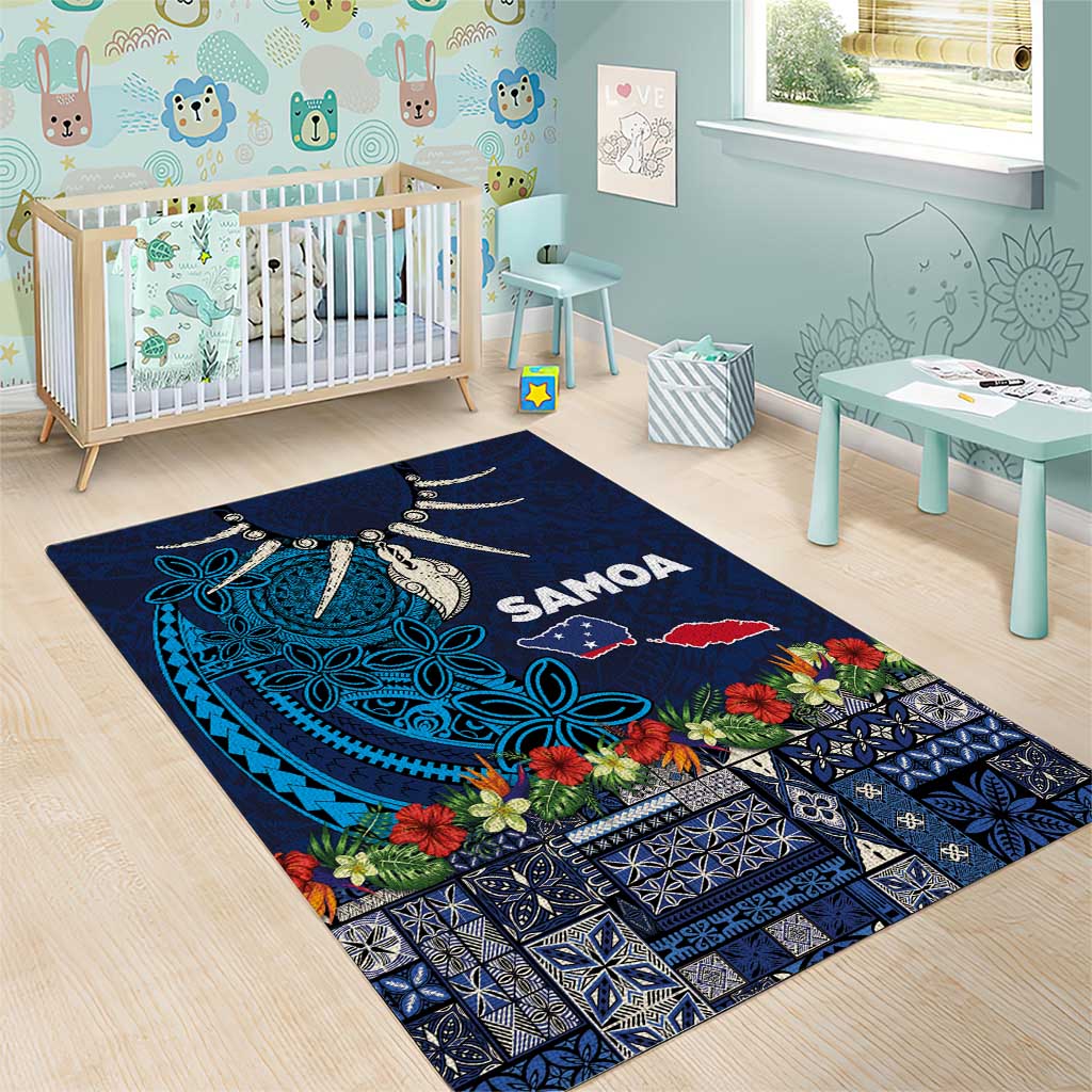 Samoa Siapo Polynesian Art Area Rug Tropical Flowers and Tatau Pattern Navy LT03 - Polynesian Pride