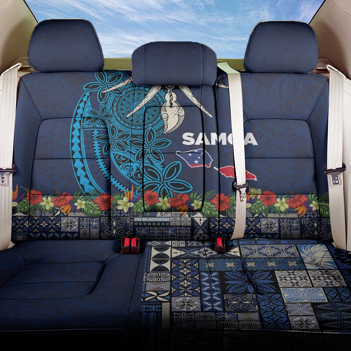 Samoa Siapo Polynesian Art Back Car Seat Cover Tropical Flowers and Tatau Pattern Navy LT03 One Size Navy - Polynesian Pride