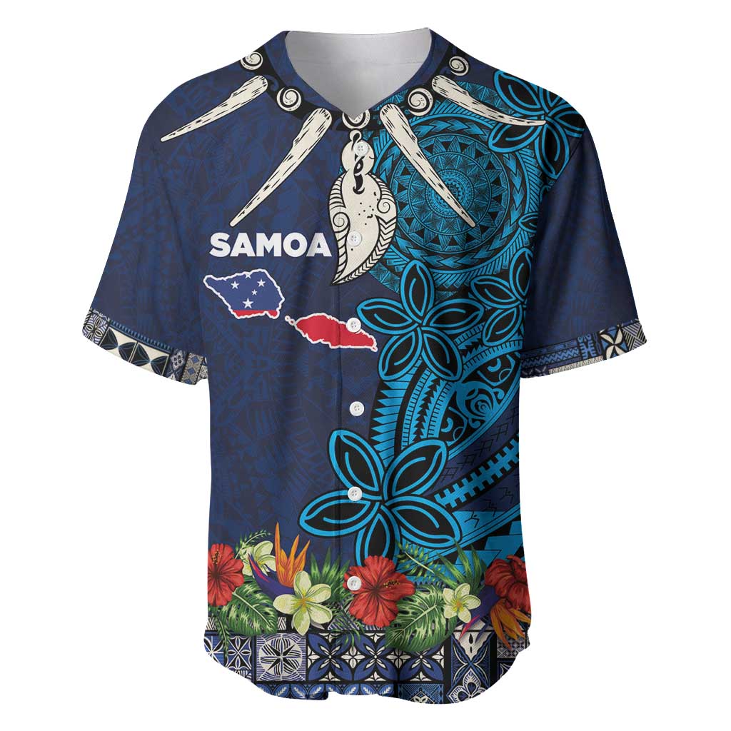 Samoa Siapo Polynesian Art Baseball Jersey Tropical Flowers and Tatau Pattern Navy LT03 Navy - Polynesian Pride