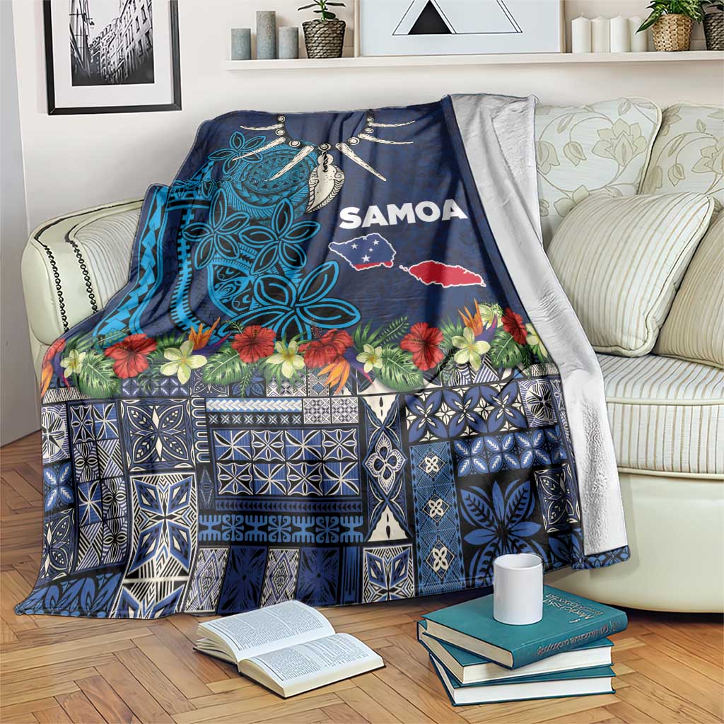 Samoa Siapo Polynesian Art Blanket Tropical Flowers and Tatau Pattern Navy LT03 Navy - Polynesian Pride