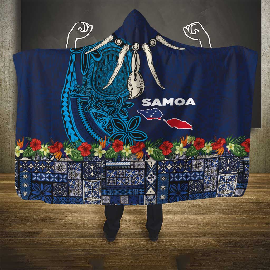 Samoa Siapo Polynesian Art Hooded Blanket Tropical Flowers and Tatau Pattern Navy LT03 - Polynesian Pride