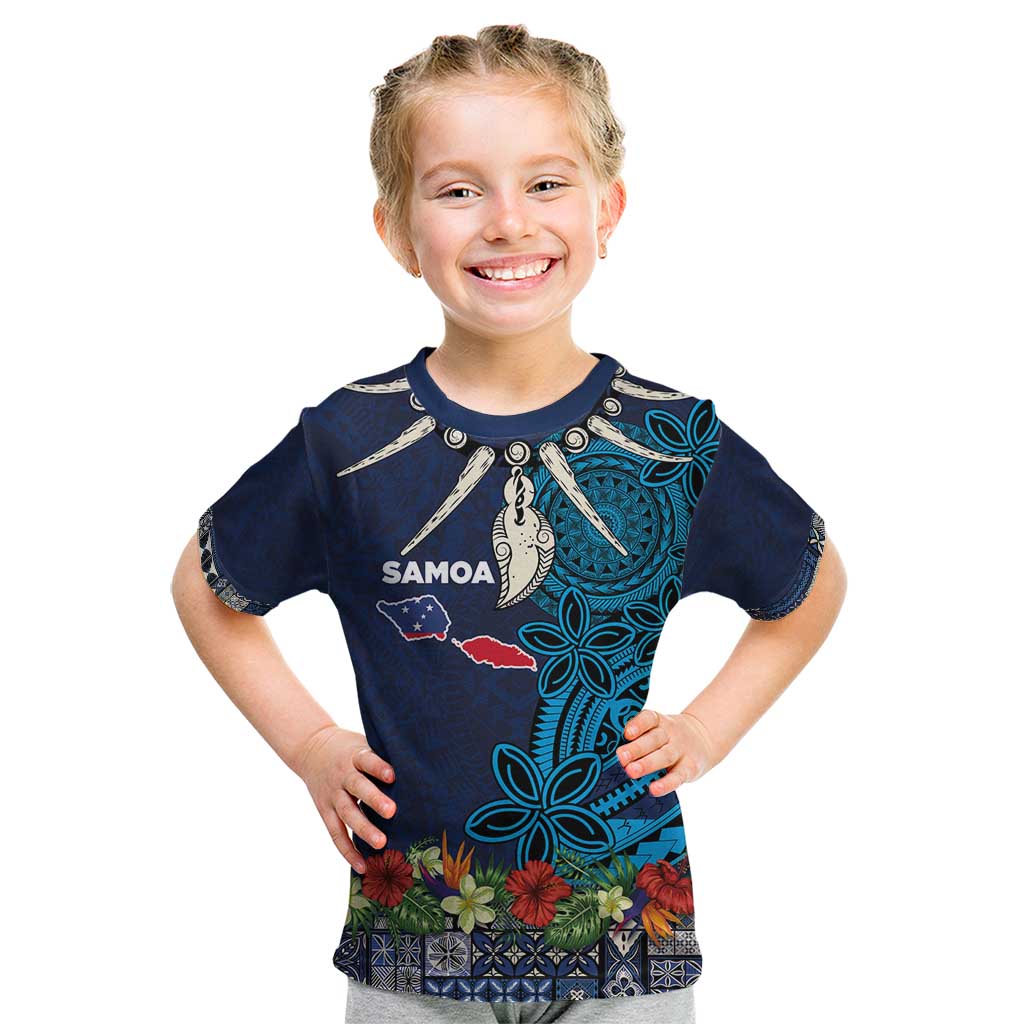 Samoa Siapo Polynesian Art Kid T Shirt Tropical Flowers and Tatau Pattern Navy LT03 Navy - Polynesian Pride