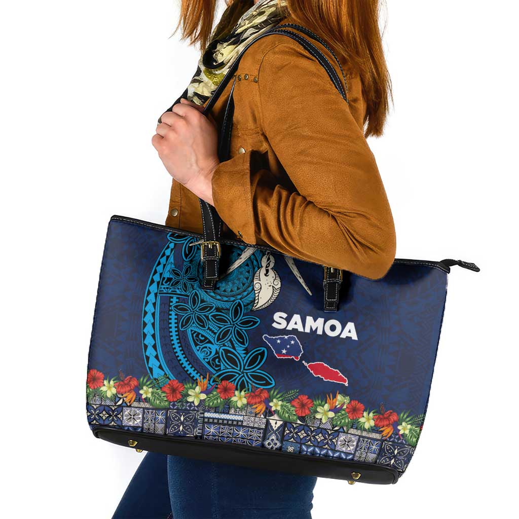 Samoa Siapo Polynesian Art Leather Tote Bag Tropical Flowers and Tatau Pattern Navy LT03 Navy - Polynesian Pride