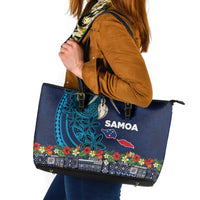 Samoa Siapo Polynesian Art Leather Tote Bag Tropical Flowers and Tatau Pattern Navy LT03 Navy - Polynesian Pride