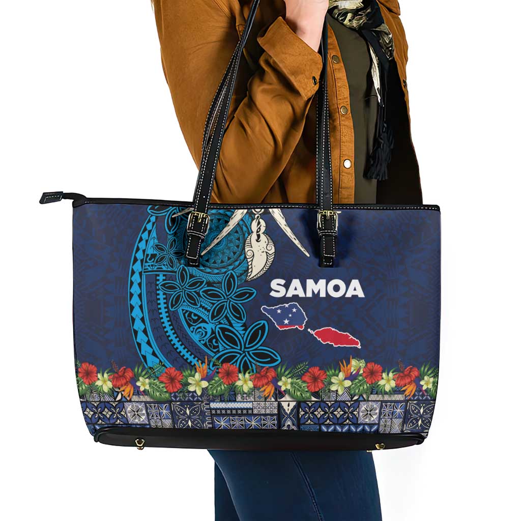 Samoa Siapo Polynesian Art Leather Tote Bag Tropical Flowers and Tatau Pattern Navy LT03 - Polynesian Pride