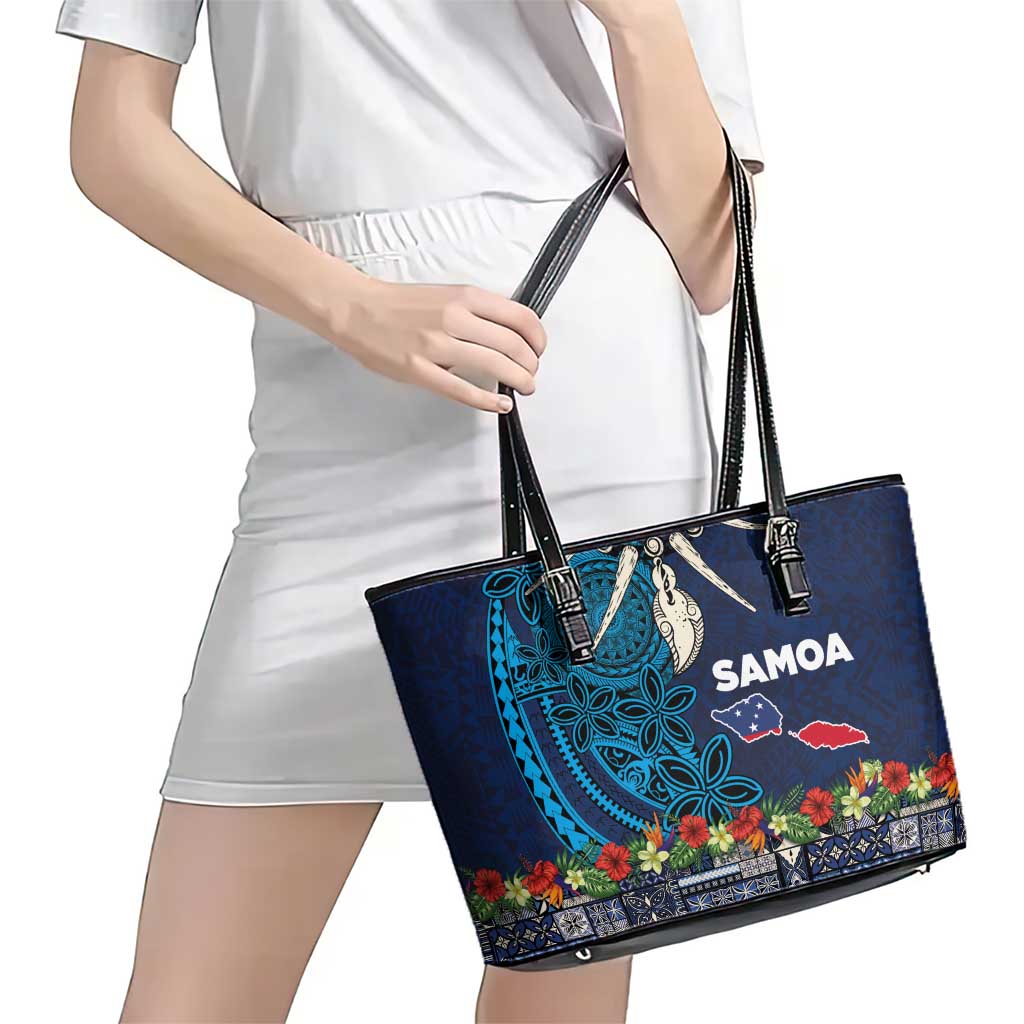 Samoa Siapo Polynesian Art Leather Tote Bag Tropical Flowers and Tatau Pattern Navy LT03 - Polynesian Pride