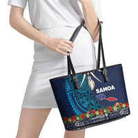 Samoa Siapo Polynesian Art Leather Tote Bag Tropical Flowers and Tatau Pattern Navy LT03 - Polynesian Pride
