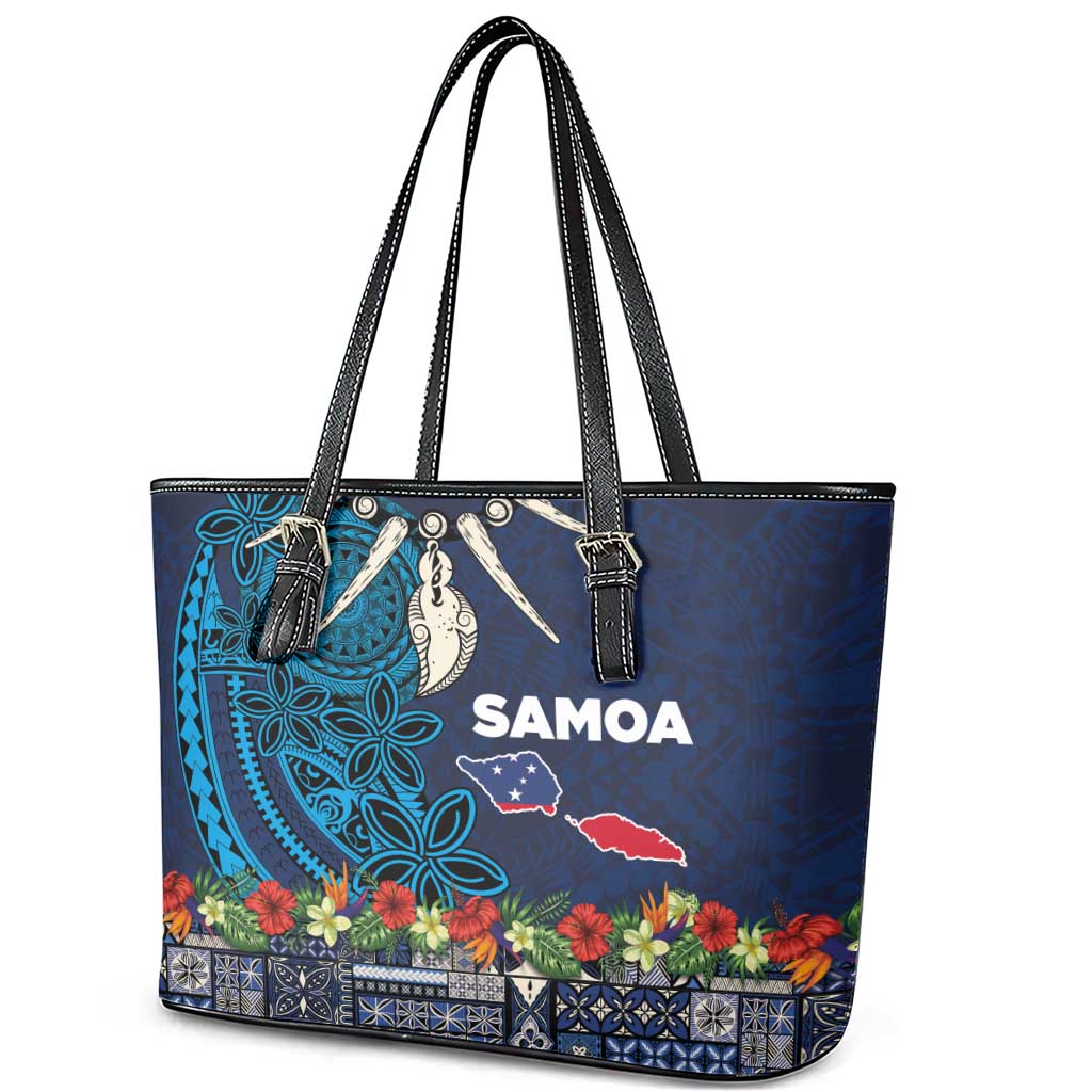 Samoa Siapo Polynesian Art Leather Tote Bag Tropical Flowers and Tatau Pattern Navy LT03 - Polynesian Pride