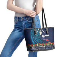 Samoa Siapo Polynesian Art Leather Tote Bag Tropical Flowers and Tatau Pattern Navy LT03 - Polynesian Pride