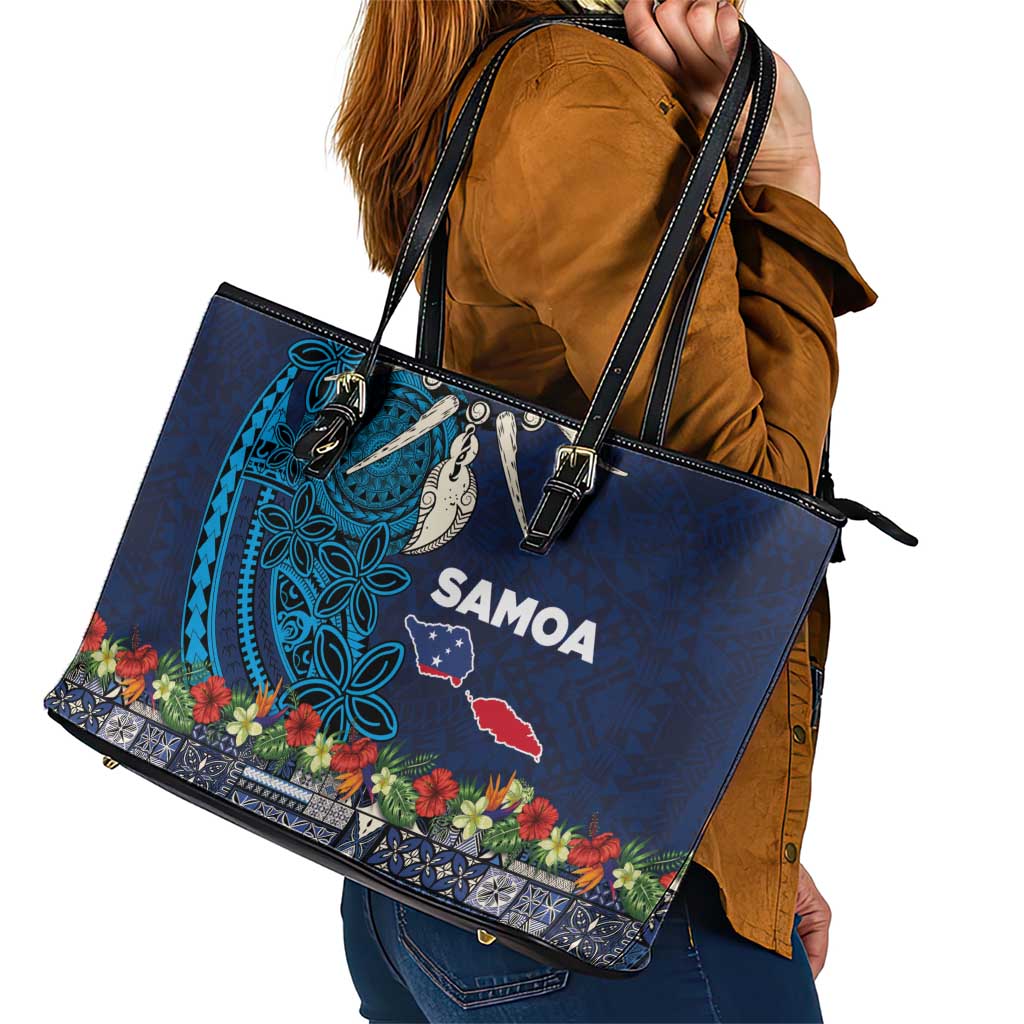 Samoa Siapo Polynesian Art Leather Tote Bag Tropical Flowers and Tatau Pattern Navy LT03 - Polynesian Pride
