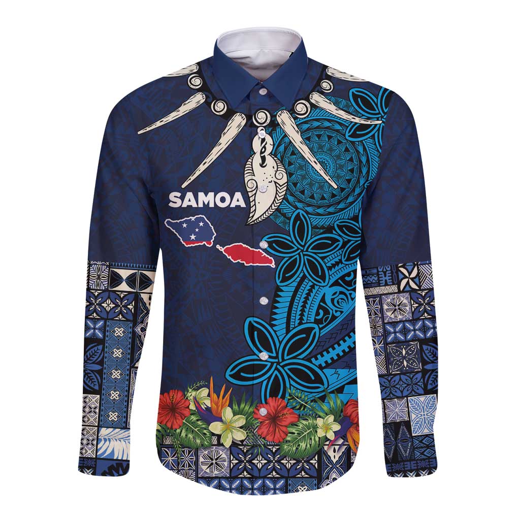 Samoa Siapo Polynesian Art Long Sleeve Button Shirt Tropical Flowers and Tatau Pattern Navy LT03 Unisex Navy - Polynesian Pride