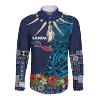 Samoa Siapo Polynesian Art Long Sleeve Button Shirt Tropical Flowers and Tatau Pattern Navy LT03 Unisex Navy - Polynesian Pride