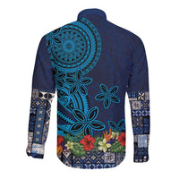 Samoa Siapo Polynesian Art Long Sleeve Button Shirt Tropical Flowers and Tatau Pattern Navy LT03 - Polynesian Pride