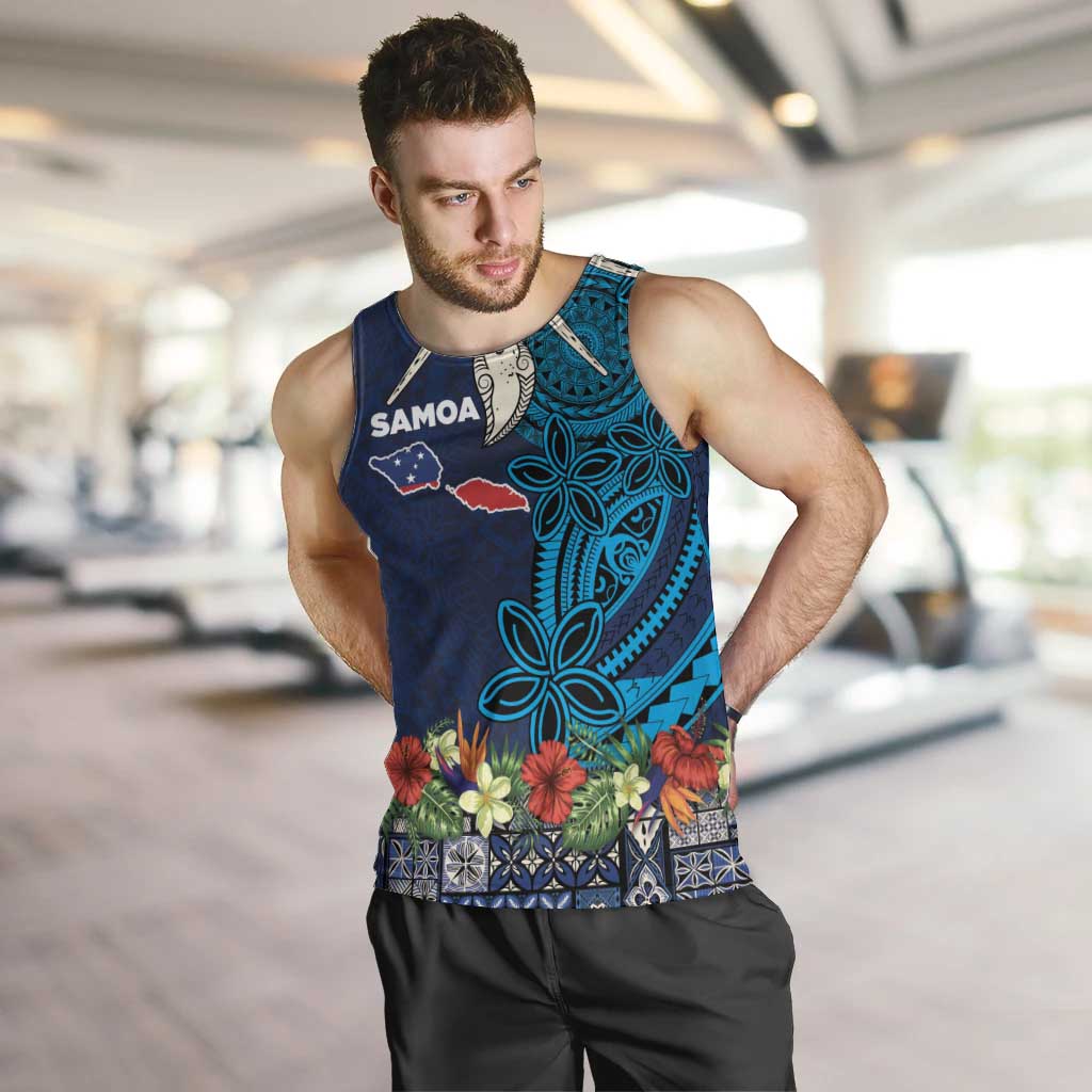 Samoa Siapo Polynesian Art Men Tank Top Tropical Flowers and Tatau Pattern Navy LT03 Navy - Polynesian Pride