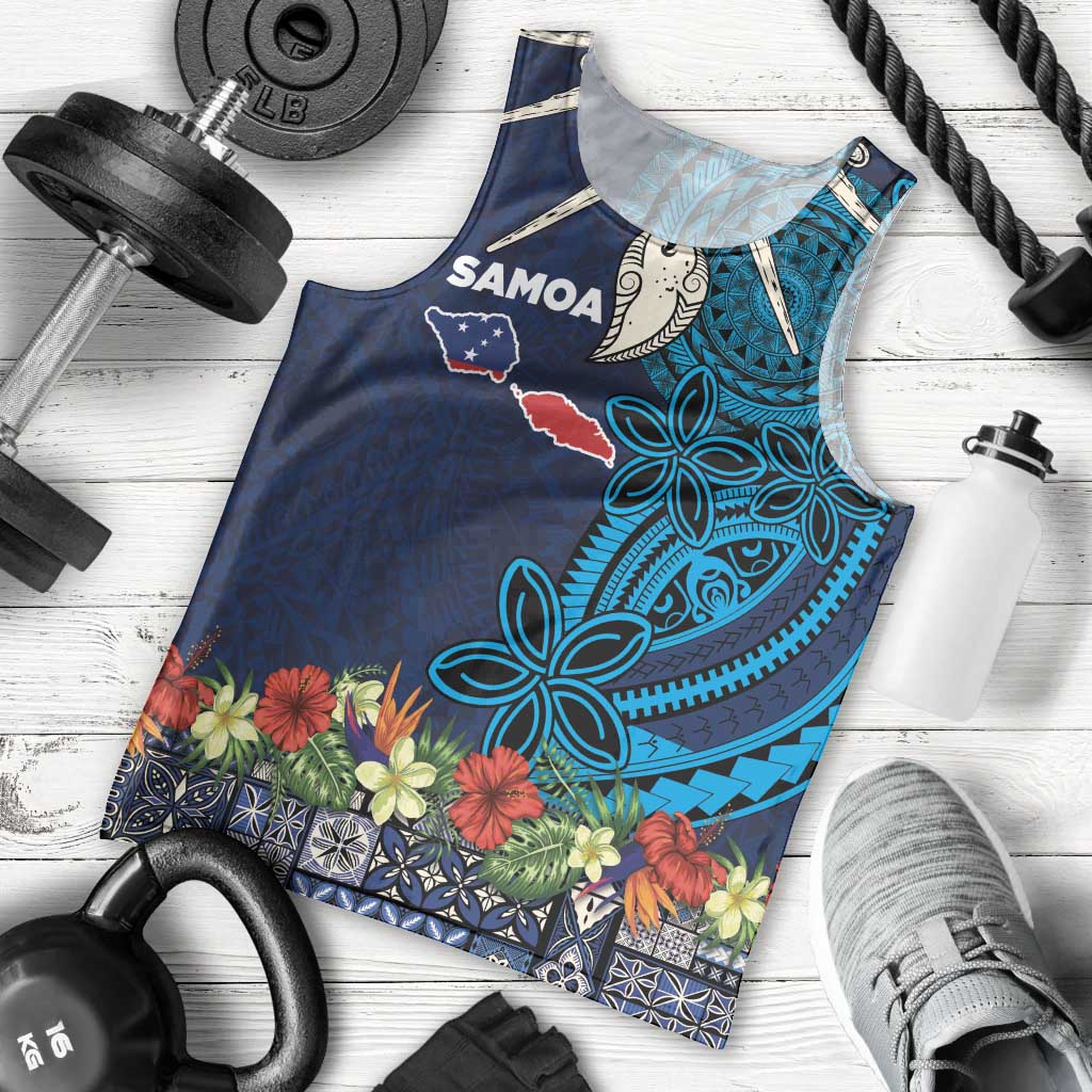 Samoa Siapo Polynesian Art Men Tank Top Tropical Flowers and Tatau Pattern Navy LT03 - Polynesian Pride