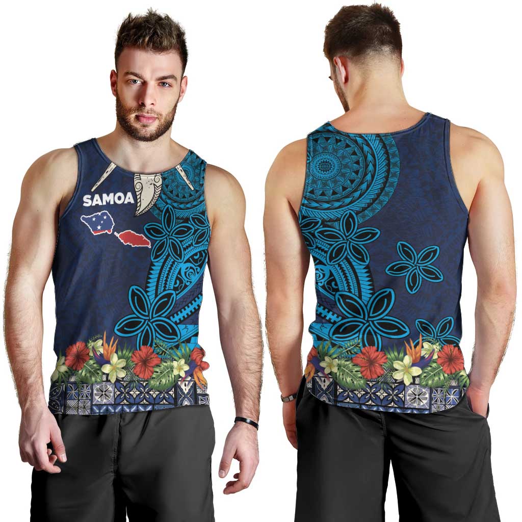 Samoa Siapo Polynesian Art Men Tank Top Tropical Flowers and Tatau Pattern Navy LT03 - Polynesian Pride
