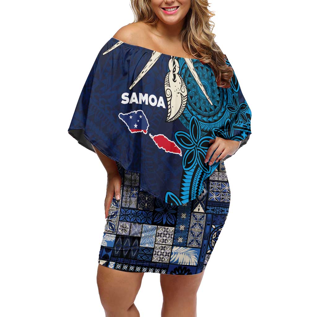 Samoa Siapo Polynesian Art Off Shoulder Short Dress Tropical Flowers and Tatau Pattern Navy LT03 Women Navy - Polynesian Pride