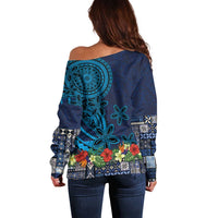 Samoa Siapo Polynesian Art Off Shoulder Sweater Tropical Flowers and Tatau Pattern Navy LT03 - Polynesian Pride