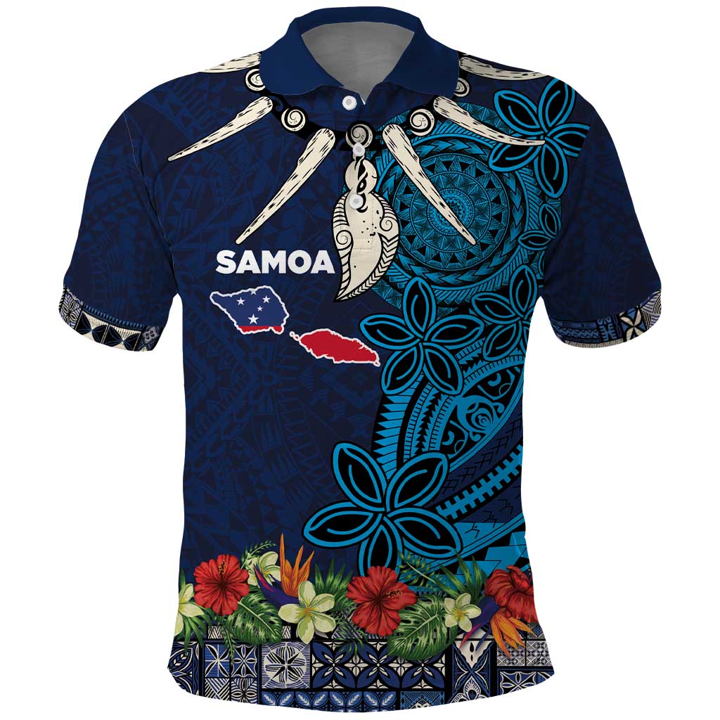 Samoa Siapo Polynesian Art Polo Shirt Tropical Flowers and Tatau Pattern Navy LT03 Navy - Polynesian Pride