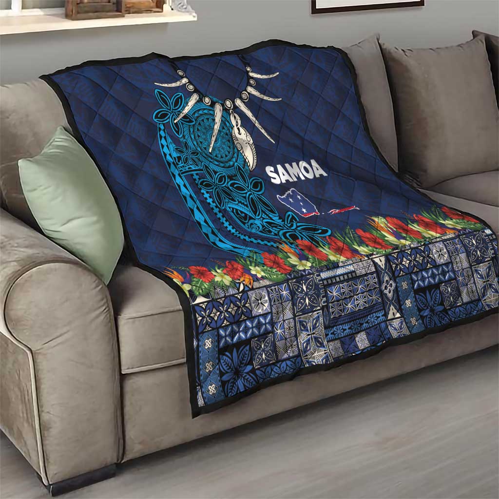 Samoa Siapo Polynesian Art Quilt Tropical Flowers and Tatau Pattern Navy LT03 - Polynesian Pride