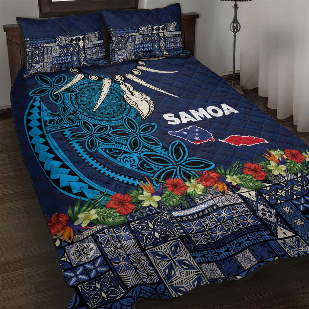 Samoa Siapo Polynesian Art Quilt Bed Set Tropical Flowers and Tatau Pattern Navy LT03 Navy - Polynesian Pride
