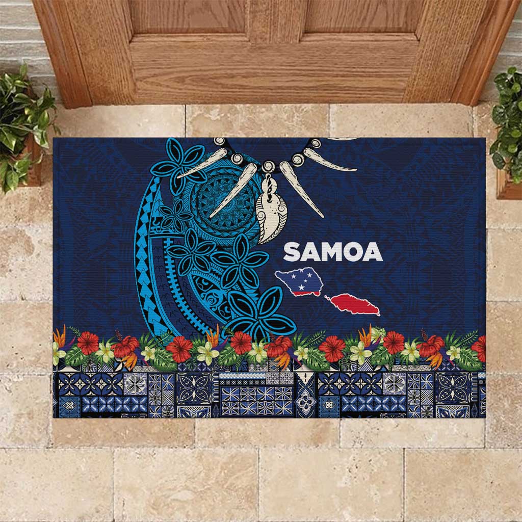 Samoa Siapo Polynesian Art Rubber Doormat Tropical Flowers and Tatau Pattern Navy LT03 Navy - Polynesian Pride