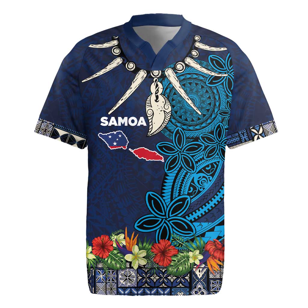 Samoa Siapo Polynesian Art Rugby Jersey Tropical Flowers and Tatau Pattern Navy LT03 Navy - Polynesian Pride