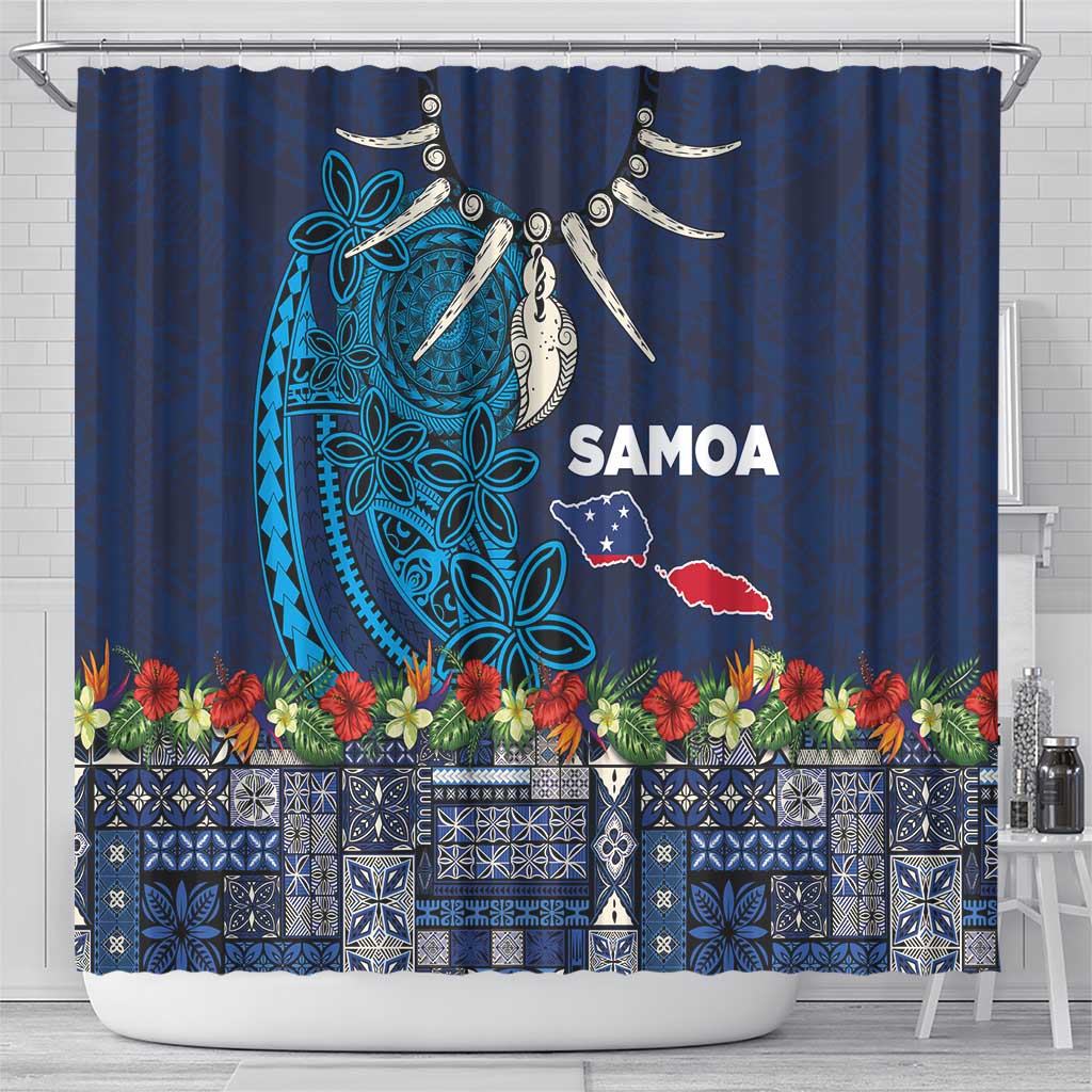Samoa Siapo Polynesian Art Shower Curtain Tropical Flowers and Tatau Pattern Navy LT03 - Polynesian Pride