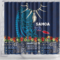 Samoa Siapo Polynesian Art Shower Curtain Tropical Flowers and Tatau Pattern Navy LT03 - Polynesian Pride