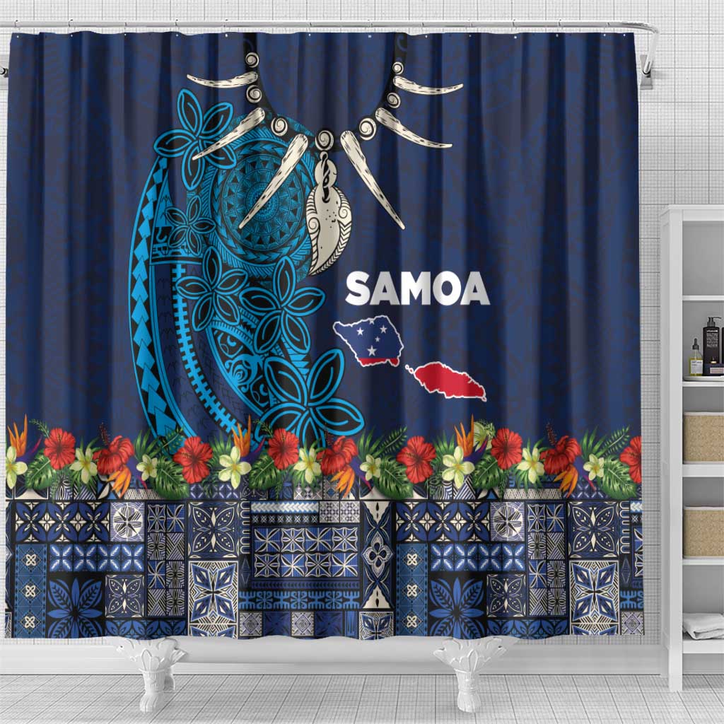 Samoa Siapo Polynesian Art Shower Curtain Tropical Flowers and Tatau Pattern Navy LT03 - Polynesian Pride