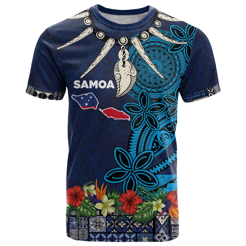Samoa Siapo Polynesian Art T Shirt Tropical Flowers and Tatau Pattern Navy LT03 Navy - Polynesian Pride