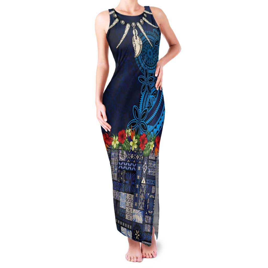 Samoa Siapo Polynesian Art Tank Maxi Dress Tropical Flowers and Tatau Pattern Navy LT03 Women Navy - Polynesian Pride
