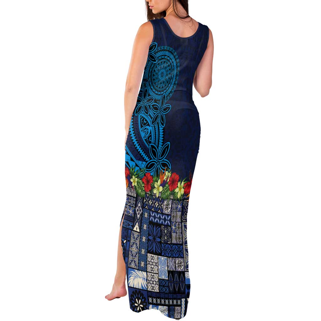 Samoa Siapo Polynesian Art Tank Maxi Dress Tropical Flowers and Tatau Pattern Navy LT03 - Polynesian Pride
