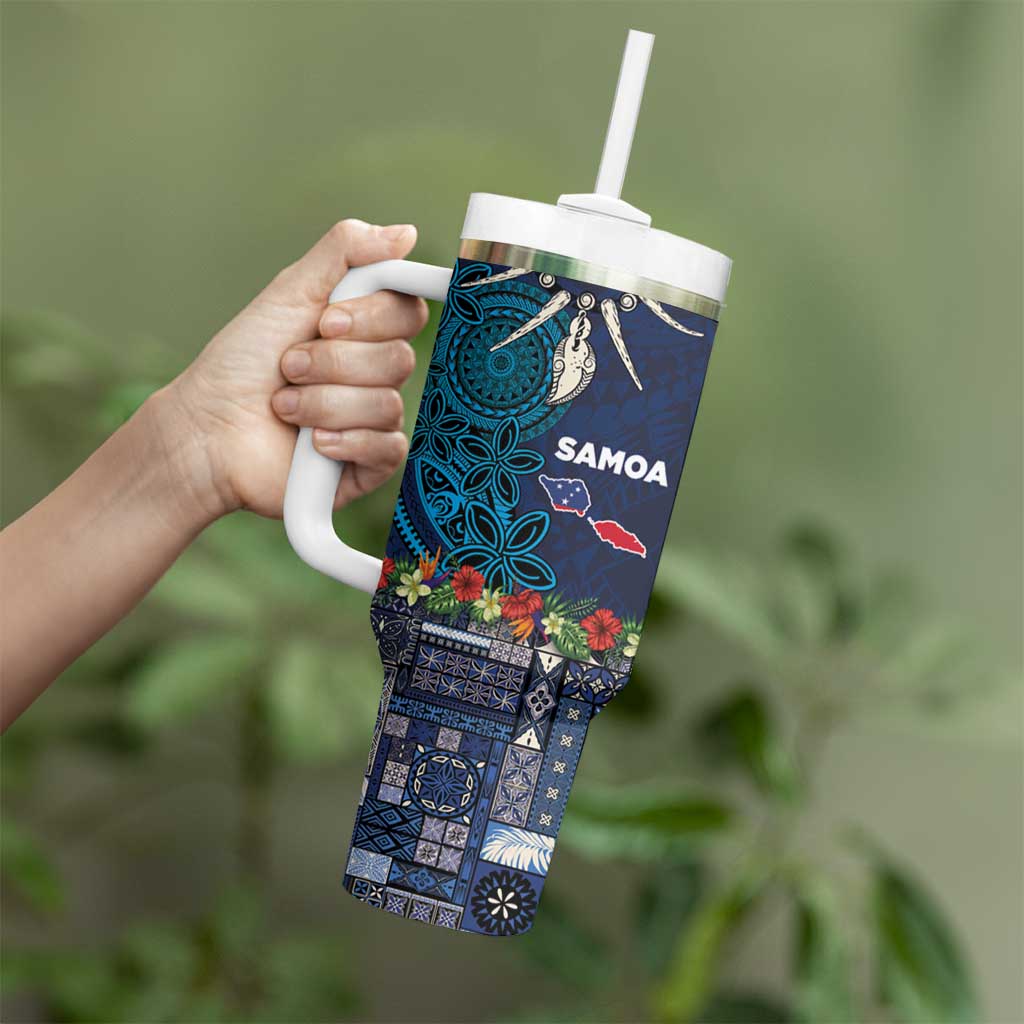 Samoa Siapo Polynesian Art Tumbler With Handle Tropical Flowers and Tatau Pattern Navy LT03 - Polynesian Pride