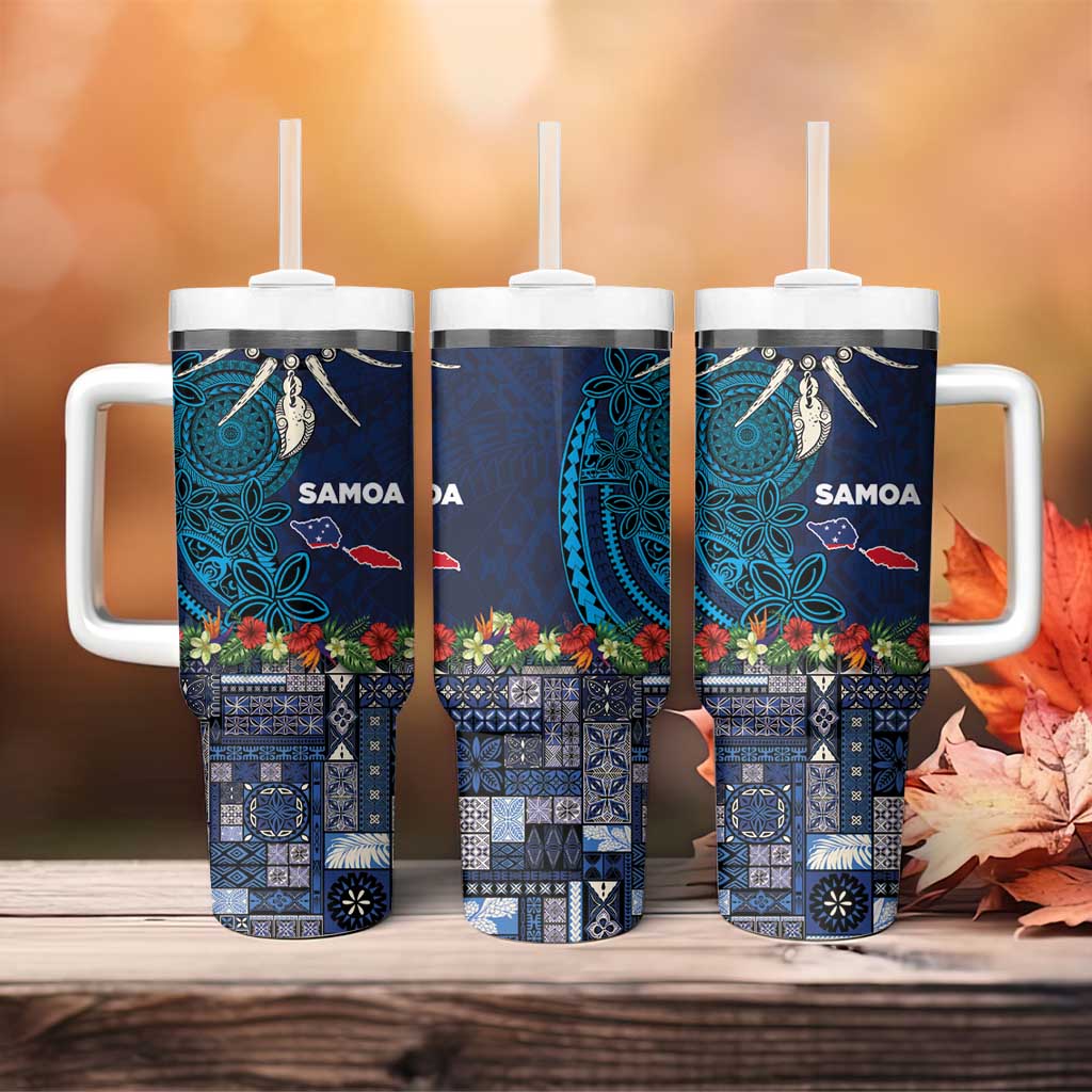 Samoa Siapo Polynesian Art Tumbler With Handle Tropical Flowers and Tatau Pattern Navy LT03 - Polynesian Pride
