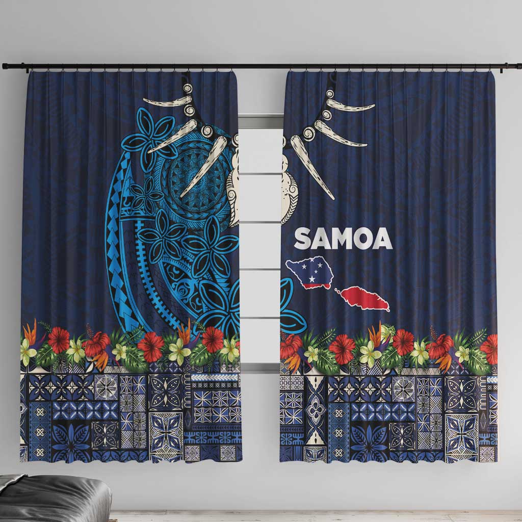 Samoa Siapo Polynesian Art Window Curtain Tropical Flowers and Tatau Pattern Navy LT03 With Hooks Navy - Polynesian Pride