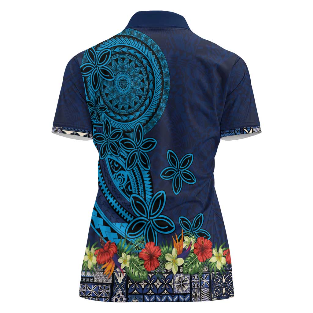 Samoa Siapo Polynesian Art Women Polo Shirt Tropical Flowers and Tatau Pattern Navy LT03 - Polynesian Pride