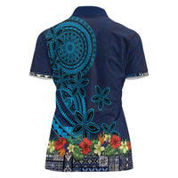 Samoa Siapo Polynesian Art Women Polo Shirt Tropical Flowers and Tatau Pattern Navy LT03 - Polynesian Pride