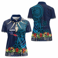Samoa Siapo Polynesian Art Women Polo Shirt Tropical Flowers and Tatau Pattern Navy LT03 - Polynesian Pride