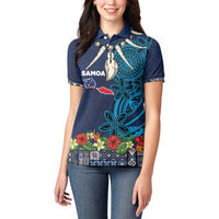Samoa Siapo Polynesian Art Women Polo Shirt Tropical Flowers and Tatau Pattern Navy LT03 - Polynesian Pride