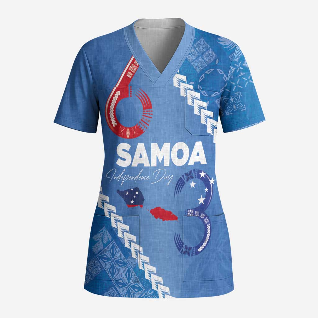 Samoa Independence Day Scrub Top Anniversary 63th-Siapo Art LT03 Adult Blue - Polynesian Pride